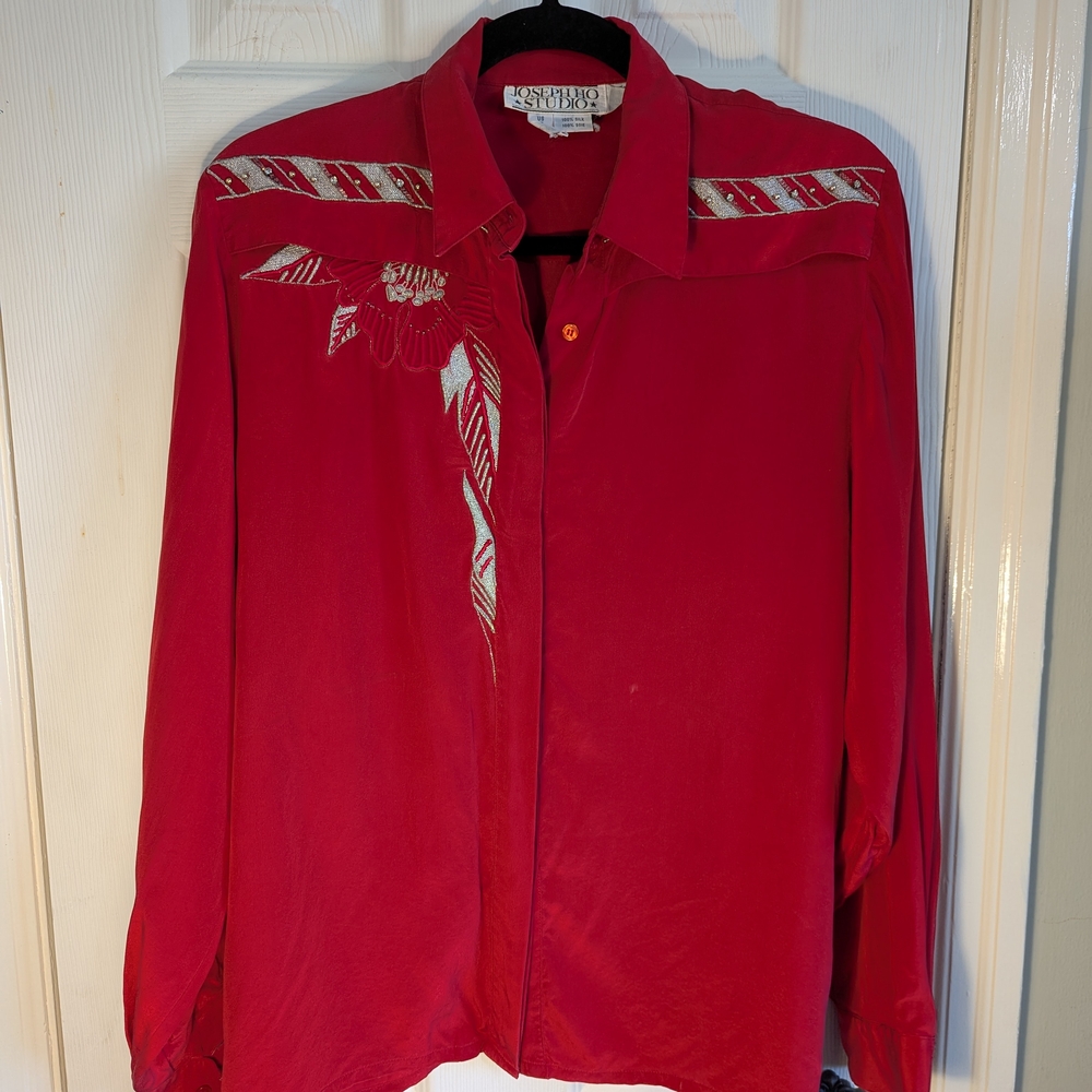 Vintage Silk Embroidered Joseph Ho Studio blouse Sz. 10 Red